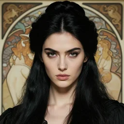 portrait of a tall 4 0 - year - old woman with thin lips, long, lush black hair gathered on the head bun, and thick eyebrows, haughty facial expression, wearing in black clothes, aristocratic appearance, hyper realistic face, beautiful eyes, close up, fantasy art, in the style of greg rutkowski, intricate, alphonse mucha, hyper detailed, smooth