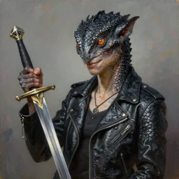 reflective black-scaled thin chaotic neutral DnD lizardborn wearing a biker jacket and holding a scimitar, DnD Character, Oil Painting, Greg Rutkowski, head view, beautiful portrait, trending on artstation, character, smug