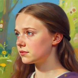 closeup profile medieval mark ryden face portrait of greta thunberg, hyper realistic, artstation, illustration, digital paint, matte paint, vivid colors, bright, cheerful, detailed and intricate environment