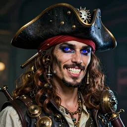 a portrait of a space pirate with neon teeth, retro, steampunk, smooth, sharp focus, concept art by artgerm
