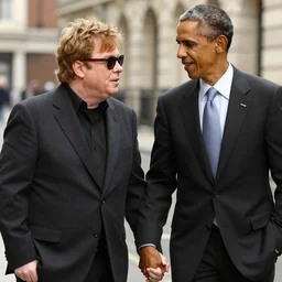 elton john and barack obama holding hands on a street, romantic, professional picture, warm colors, hyperrealistic, high detail, detailed faces, 8 k, award winning, masterpiece,