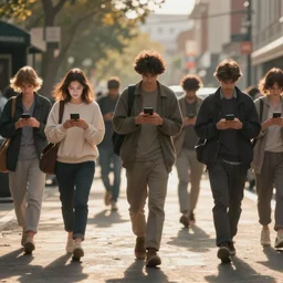 illustration people walking in street looking at their phone, addiction to phone, addicted to cell phone, by studio muti