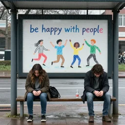 two sad people sitting at a bus stop in the rain in front of a poster saying / be happy with people dancing and having fun drawn in crayon