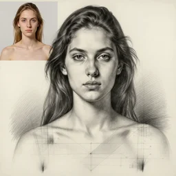 a beautiful hyperrealistic Alla Bruletova portrait and body in pencil from a photo, by Peter Mohrbacher, technical drawing, blueprint diagram, trending on artstation