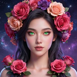 symmetrical face, symmetrical body, flowers as hair, portrait, vivid colors, character concept art, galaxy, hyper realism, roses and flowers in hair, super beautiful women, ar 4:4, high resolution, 3d, beautiful green eyes