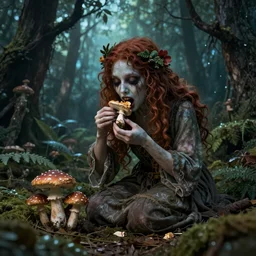 A fairy eating mushrooms in a magical forest horror Creepy