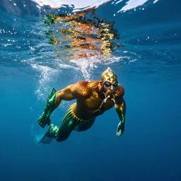 aquaman breaking the surface of the water, underwater photography with light scattering and water refractions, smooth