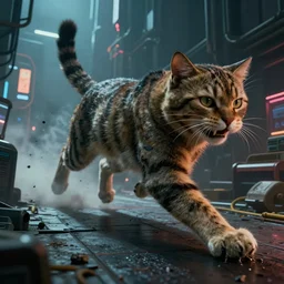 a huge hunting 🐱, by mark ryden in cyberpunk environment, 4 k ultra high resolution, horror, long camera shot, fleeing terrified : 🐭
