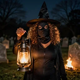 portrait photo still of a oprah winfrey wearing a ski mask holding a lantern, wearing a witches hat, in front of an old cemetery on fire at night, 8 k, 8 5 mm f 1. 8