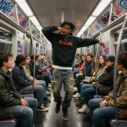 stunning concept art of a man with dreads and a hoodie freestyle rapping on a subway car filled with people and covered in graffiti, trending on artstation, digital art