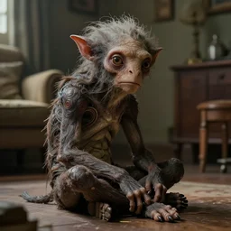 a strange creature sitting on the floor in the home room, film still from the movie directed by Denis Villeneuve with art direction by Zdzisław Beksiński, close up, telephoto lens, shallow depth of field, beautiful detailed intricate insanely detailed octane render, 8K artistic photography, photorealistic
