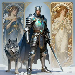 iridescent opal viking warrior, wolf armor, winter, morandi color scheme, hd, illustration, epic, d & d, fantasy, intricate, elegant, highly detailed, wide angle, digital painting, artstation, concept art, smooth, sharp focus, illustration, wallpaper, art by artgerm and greg rutkowski and alphonse mucha and jin xiaodi