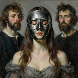 The long shot of beautiful woman with closed eyes in steel full-face occult mask by Ilya Repin, William Blake, Michelangelo da Caravaggio and Beksinski, medium shot, grisaille, highly detailed oil painting, 4k, masterpiece