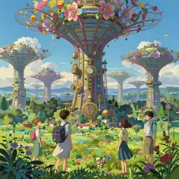a beautiful landscape painting of steampunk landscape with giant supertrees and flowers, by alfons maria mucha and julie dillon and makoto shinkai, trending on artstation, octane render