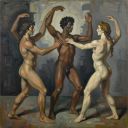 a stylized painting of multiracial gods dancing against an abstract background in contrasting colors, by picasso, george luks and victor brauner, muted color scheme, extreme detail