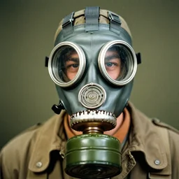 person wearing gas mask, vintage technicolor film photo, grainy, high detail, high resolution