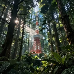 urbex by john howe, at dawn myst tokyo dramatic lighting forest wilderness made of glass sunlight cosmic rainforest darkacademia, archdaily, wallpaper, highly detailed, trending on artstation.