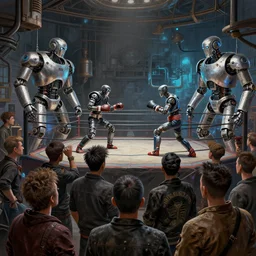 a beautiful highly detailed matte painting close up of a crowd watching a boxing match with robots in a factory, punk styling by atay ghailan, cliff chiang, loish and goro fujita, silver, silver, brown, black, blue and cyan mystical tones, featured on artstation, featured on behance, grunge aesthetic
