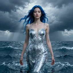 dress made of water, liquid, blue water hair woman, solemn, female, rising from ocean, high detail, high contrast, extreme close up portrait, stormy seas, storm clouds, god rays, d & d, fantasy, elegant, silver blue color palette, cinematic, concept art, greg rutkowski, alphonse mucha