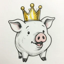 detailed line art doodle sketches of a pig wearing a gold crown by Dr. Seuss