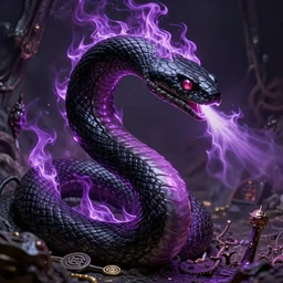 black serpent breathing purple fire, ultra realistic, wide angle, intricate details, the fifth element artifacts, highly detailed by peter mohrbacher, hajime sorayama, wayne barlowe, boris vallejo, aaron horkey, gaston bussiere, craig mullins