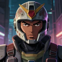 anime portrait illustration of a 👨🏾🦲 gundam pilot in an intricate helmet, hiphop urban inspired, symmetrical proportions, symmetrical perfect facial features, cinematic lighting, hd, 3 2 k, octane, unreal engine, in the style of go teen titans and disney's pixar, by denys cowan and dwayne mcduffie