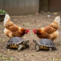 chickens battling turtles, wide angle shot by greg rutkowski