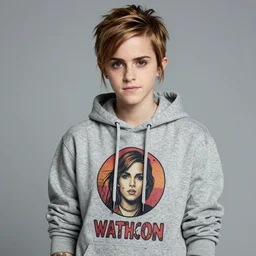color studio photo of a tom boy, young adult, tattoos, hoodie, emma watson, detailed