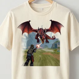 A screenshot of someone fighting the Ender dragon in first-person printed on a cream linen tshirt