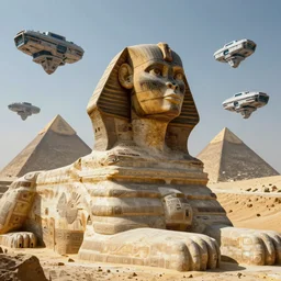 a scene of the beautiful intricate epic futuristic cyber sphinx with floating cyber ships shaped as pyramids in the background, hyper detailed, cinematic lighting