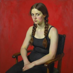 woman with braided brown hair, wearing a tanktop and sitting on a chair, highly detailed, painting, red and black color palette, intricate, in the style of ilya kuvshinov
