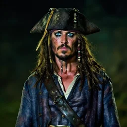 night time portrait photo of a pirate captain with blue eyes and long brown bear and hair, faded worn blue coat and black hat, rugged and dirty, movie shot, color graded, 4k trailer