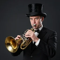 studio portrait of ian karmel wearing a top hat, playing a french horn, with a space background