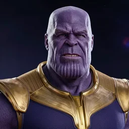 A still of Sam Hyde as Thanos in Avengers Endgame, close-up, sigma male, rule of thirds, award winning photo, unreal engine, studio lighting, highly detailed features, interstellar space setting