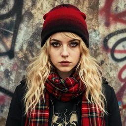 highly detailed portrait of a sewer punk lady student, beanie, tartan scarf, wavy blonde hair by atey ghailan, by greg rutkowski, by greg tocchini, by james gilleard, by joe fenton, by kaethe butcher, gradient red, black, brown and cream color scheme, grunge aesthetic!!! graffiti tag wall background