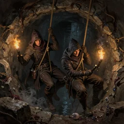 couple of dnd thiefs climb down by hanging rope into sewer waterworks deeps, darkness, black and brown, torchlight, thievery equipment, night, gray stones, slime, fogy, shade, fantasy digital art, detailed face, gorgeous, colorfull, amazing, intricate, highly detailed, painting by gaston bussiere, craig mullins