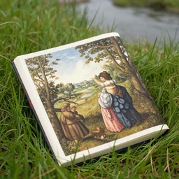 close up of a illustrated book sitting in the grass near the river. jan van eyck