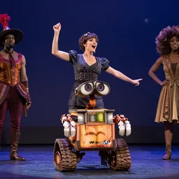 award winning Production photo of Wall-E the musical on broadway, dancing, singing, costumes by Julie Taymor, set design by Julie Taymor