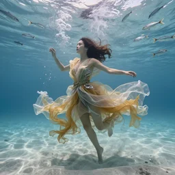 a beautiful young woman wearing a dress made of many very long layers of thin sheer gold and silver fabrics flowing in the fast current waltzes underwater on the sandy sea bottom, swirling schools of silver fish, bubbles, swirling smoke shapes, octane render, bright caustics lighting from above, photorealistic