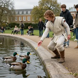 Rey Skywalker as a university student, feeding ducks at a pond in London