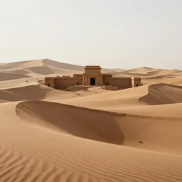a wide desertic matte painting landscape with ancient temple buried in the sun. big sand dunes. under a white sky with black stars. by goya. eerie lighting. photorealistic. artstation. hd.