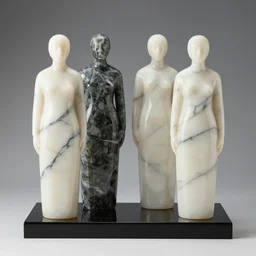 santini italian sculptures, light matte marbled, dark high glossy translucent quartz veins, vivid studio light, high quality, black sokkel