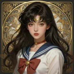 a beautiful girl with long dark hair and bangs, sailor moon aesthetic, fantasy, intricate, elegant, highly detailed, digital painting, artstation, concept art, matte, sharp focus, illustration, art by Artgerm and Greg Rutkowski and Alphonse Mucha