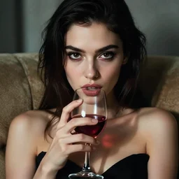 an insanely detailed portrait of a beautiful woman facing you, highly detailed, dark brown eyes, long eyelashes, she is biting her bottom lip and sitting on a large sofa, she holds a glass of wine, in the style of peter mohrbacher, artgerm, dramatic lighting and composition, octane render, trending on artstation, concept art 8 k