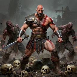 a highly detailed beautiful portrait of dwayne johnson kratos hybrid god of war fighting zombies on a pile of human skulls, spartan warrior, olympian god, muscular!, frank frazetta, boris vallejo, octane, fantasy