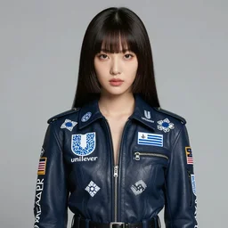 ektachrome, youthful asian demure, exquisite features, feminine cut, frontiers in flight leather ukranian drone pilot suit densely covered iconic fashion branding like the unilever logo, a. rrajani