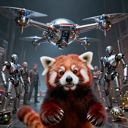 demi god red panda taking a selfie with deanas, futuristic chrome drones, robots, ultra realistic, dramatic lighting, the fifth element artifacts, highly detailed by peter mohrbacher, hajime sorayama, wayne barlowe, boris vallejo, aaron horkey, gaston bussiere, craig mullins