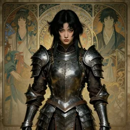 portrait girl with armor in style of ghost blade by hsiao ron cheng, tetsuya ichida, tsutomu nihei, moebius, exquisite detail, extremely moody lighting, 8 k, art nouveau, old chines painting,