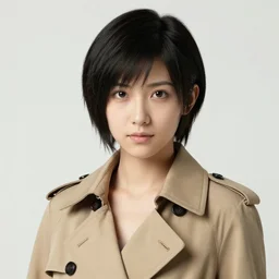 a head and shoulders portrait with short black hair in a tan trenchcoat, from Final Fantasy XIII, retro, smooth, sharp focus, intricate, artstation, detailed concept art by Rutkowski and Mucha and sky sewa and Marc Simonetti
