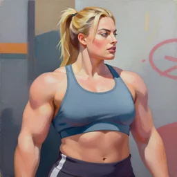 greg manchess portrait painting of margot robbie as beautiful thick female bodybuilder zarya from overwatch, medium shot, asymmetrical, profile picture, organic painting, sunny day, matte painting, bold shapes, hard edges, street art, trending on artstation, by huang guangjian and gil elvgren and sachin teng
